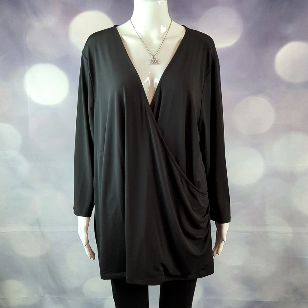 Arna York Collection NWT sz 26/28 Women's Jet Black V-Neck Cross Over Blouse
